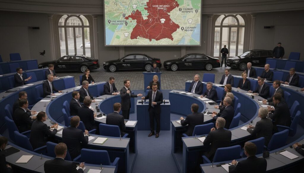 le sénat berlinois confronté à un débat entre enjeux culinaires et sécurité publique, divisé sur la gestion des loueurs de voitures liés aux clans et bandes criminelles.