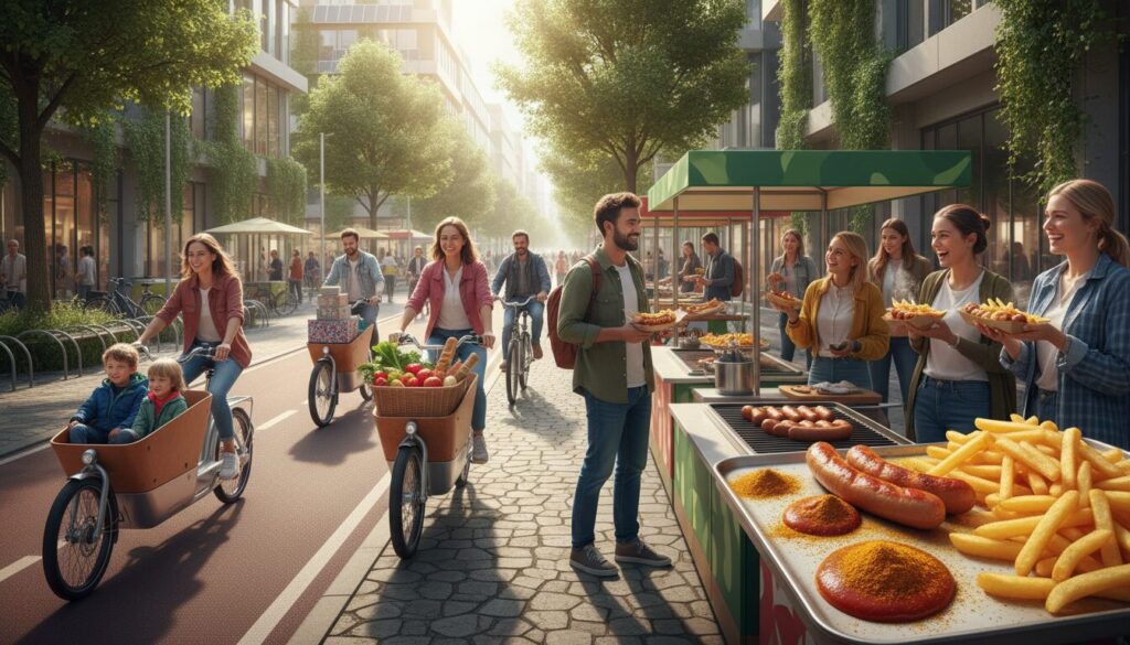 découvrez comment aurubis encourage l'utilisation du vélo cargo pour un mode de vie écologique, accompagné quotidiennement de la traditionnelle currywurst allemande.