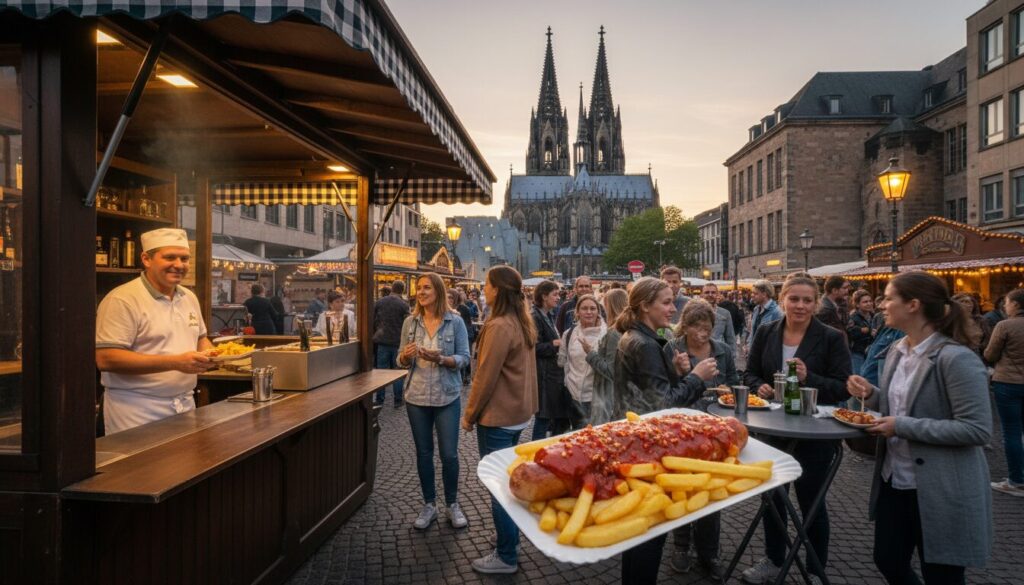 découvrez l'expérience unique de déguster une currywurst tout en explorant les rues animées de cologne, mêlant saveurs locales et aventures urbaines.