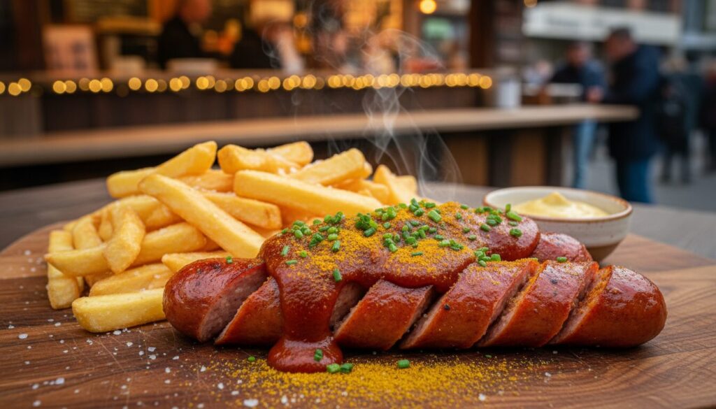 découvrez une version revisitée de la currywurst de werl, un classique abordable rehaussé d'une touche personnelle unique pour ravir vos papilles.