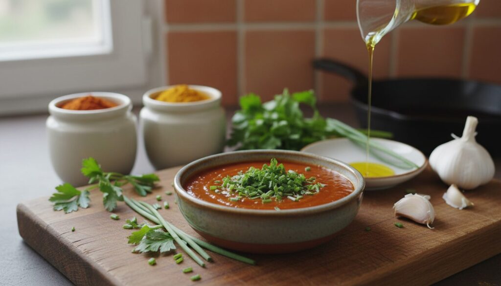 découvrez une recette rapide et facile de sauce currywurst végétalienne, riche en saveurs et parfumée aux herbes fraîches, parfaite pour accompagner vos plats.