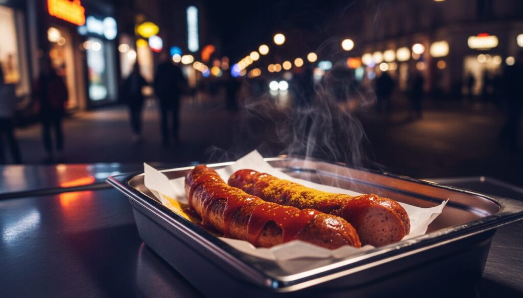 explorez la currywurst sous un angle inédit grâce à la vision nocturne, une découverte savoureuse qui illumine vos papilles dans l'obscurité.